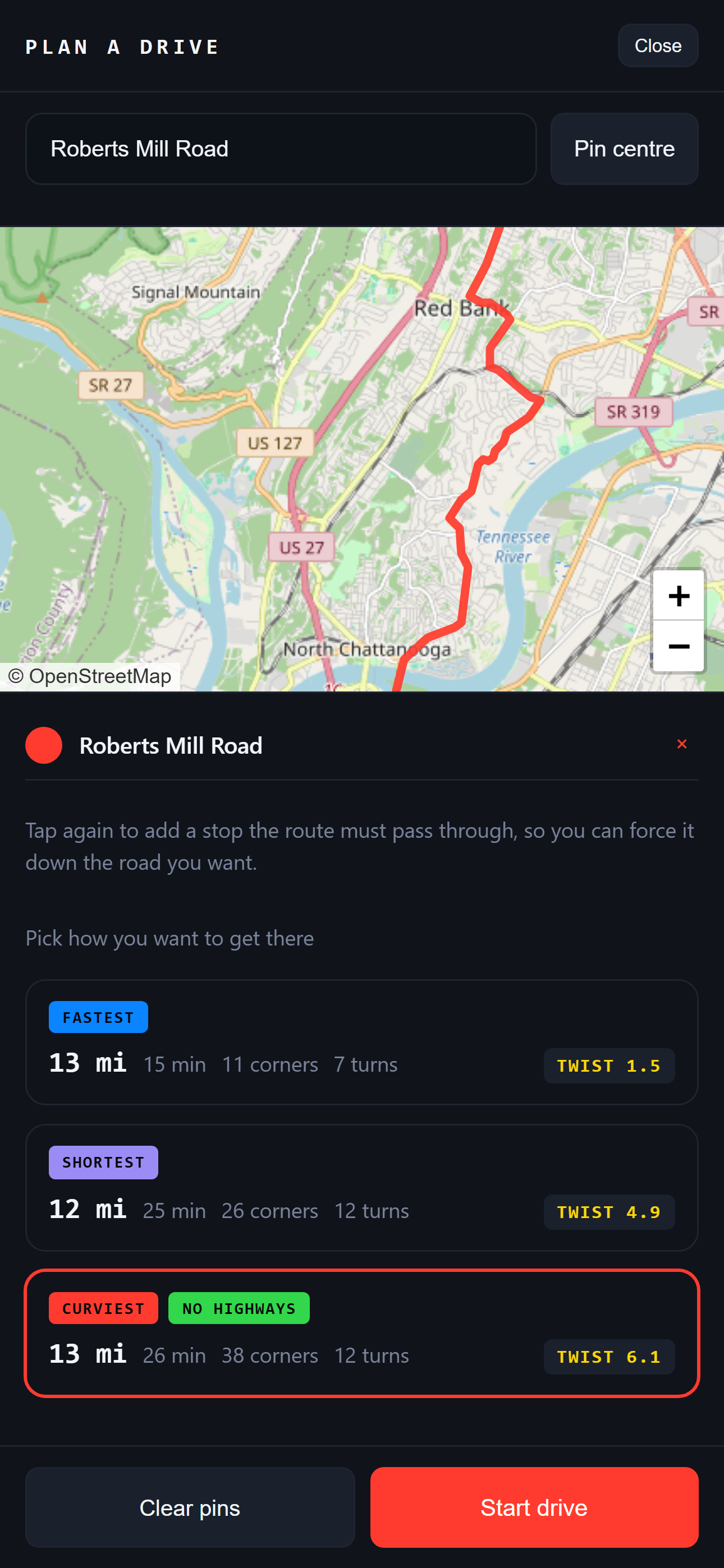 The CO-DRIVER route planner routing to Roberts Mill Road up Signal Mountain, offering fastest at 13 miles and 11 corners, shortest at 12 miles and 26 corners, and curviest with no highways at 13 miles and 38 corners